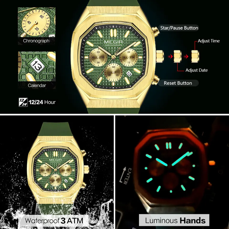 Megir Orologio Uomo Sportivo Giallo: Cronografo Al Quarzo Con Data, Cinturino In Silicone, Lancette Luminose, Impermeabile 3 ATM