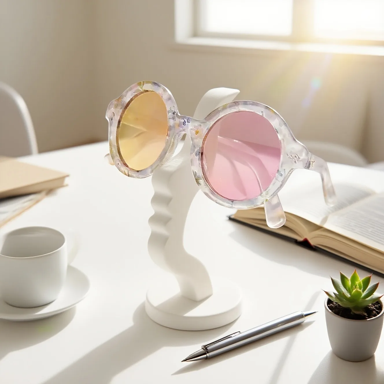 A fusion of art and utility, this eyeglasses display stand doubles as a space-saving desktop organizer. Perfect for home