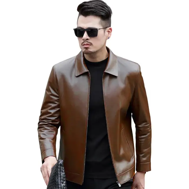 Men Slim Fit Jacket Faux Leather Lapel Bomber Jacket Vintage Zipper Coat Windproof Biker Motorcycle Jacket with Pockets for Spri