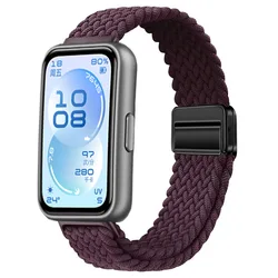 Braided Nylon Loop Strap with Magnetic Buckle - Comfortable Wristband - Huawei Band 11 Pro (Wine red)