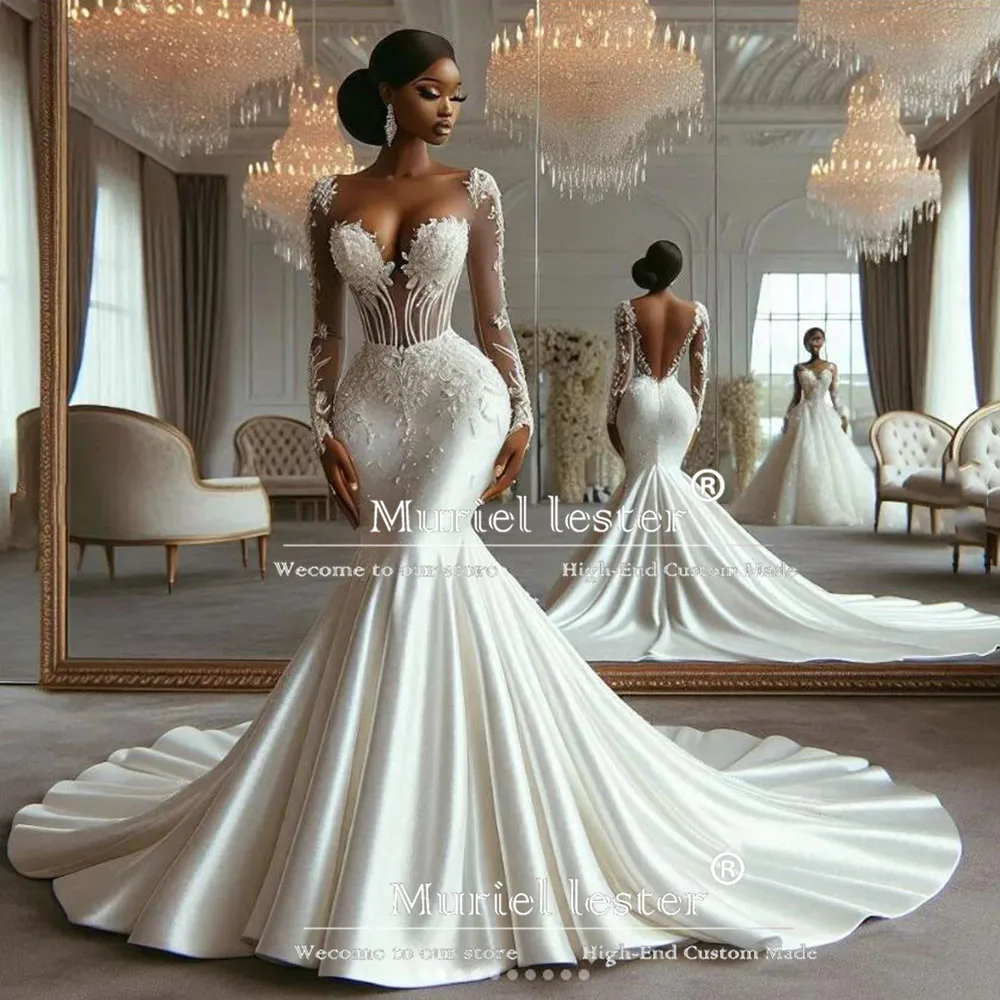 Romantic Backless Mermaid Bridal Gowns Long Sleeves Appliques Beads Pleated Wedding Dresses Bride Party Clothes