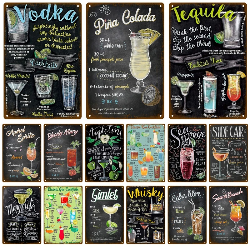 Metal Sign Vintage Tin Sign Decorations Gin & Tonic Cocktail Plate Decorative Poster Plaque Retro Bar Kitchen Home Wall Decor