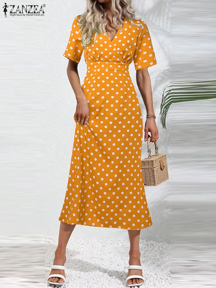 

ZANZEA Elegant Women2023 Fashion Fishtail Dress V-Neck Collect Waist Wrap Hips Vestidos Official Sexy Polka Dot Robe Sundress