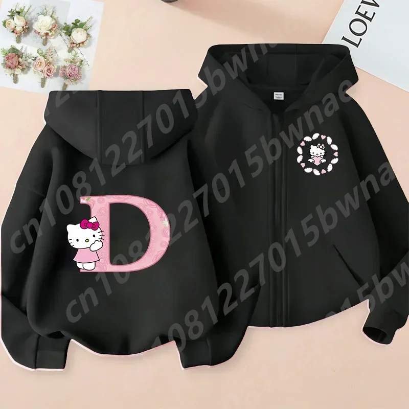 New 2024 Hello Kitty Zipper Hoodie, 26 English Letters, Kawaii Harajuku Pattern, Fashionable Sports Girl Top, Girl Sater Hoodie 5