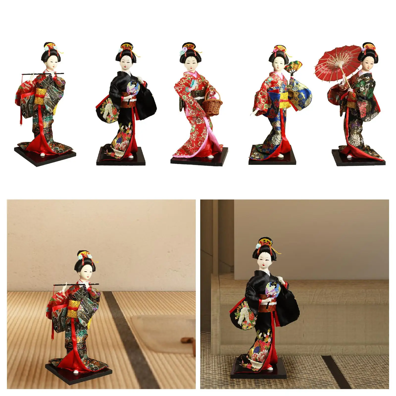 Japanese Geisha Kimono Doll 12inch Asian Kabuki Figure Girl Statue for Cabinet Desk Living Room Bookshelf Home Office Decoration