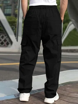 Men s Loose Cargo Long Pants Solid Color Drawstring Waist Straight Leg Trousers Casual Work Pants with Pockets 2