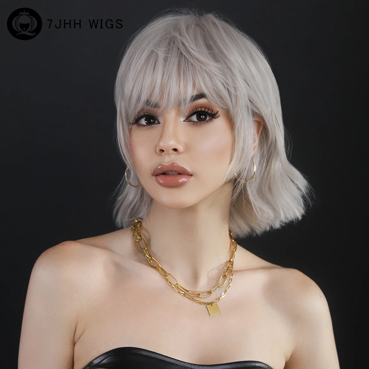 

7JHH WIGS Short Straight Bob Wigs with Bangs Ombre Platinum Blonde Wig for Women Daily Natural Synthetic Hair Heat Resistant