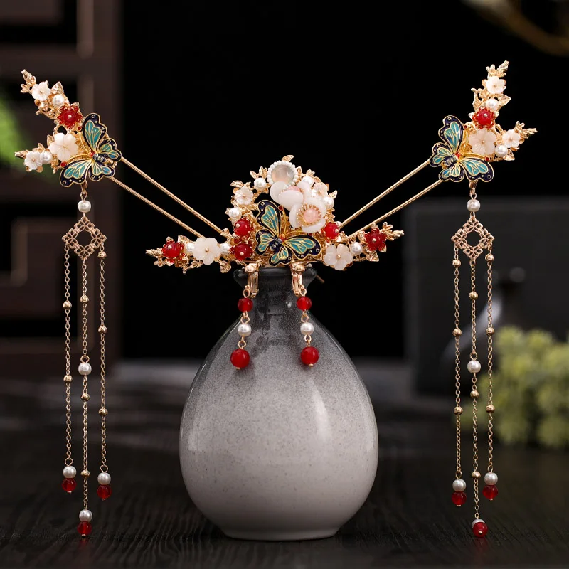 

Bridal Chinese Traditional Hair Sticks Butterfly Hairpins Antique Pearl Forks Sets Chinese Hanfu Hair Accessories Jewelry