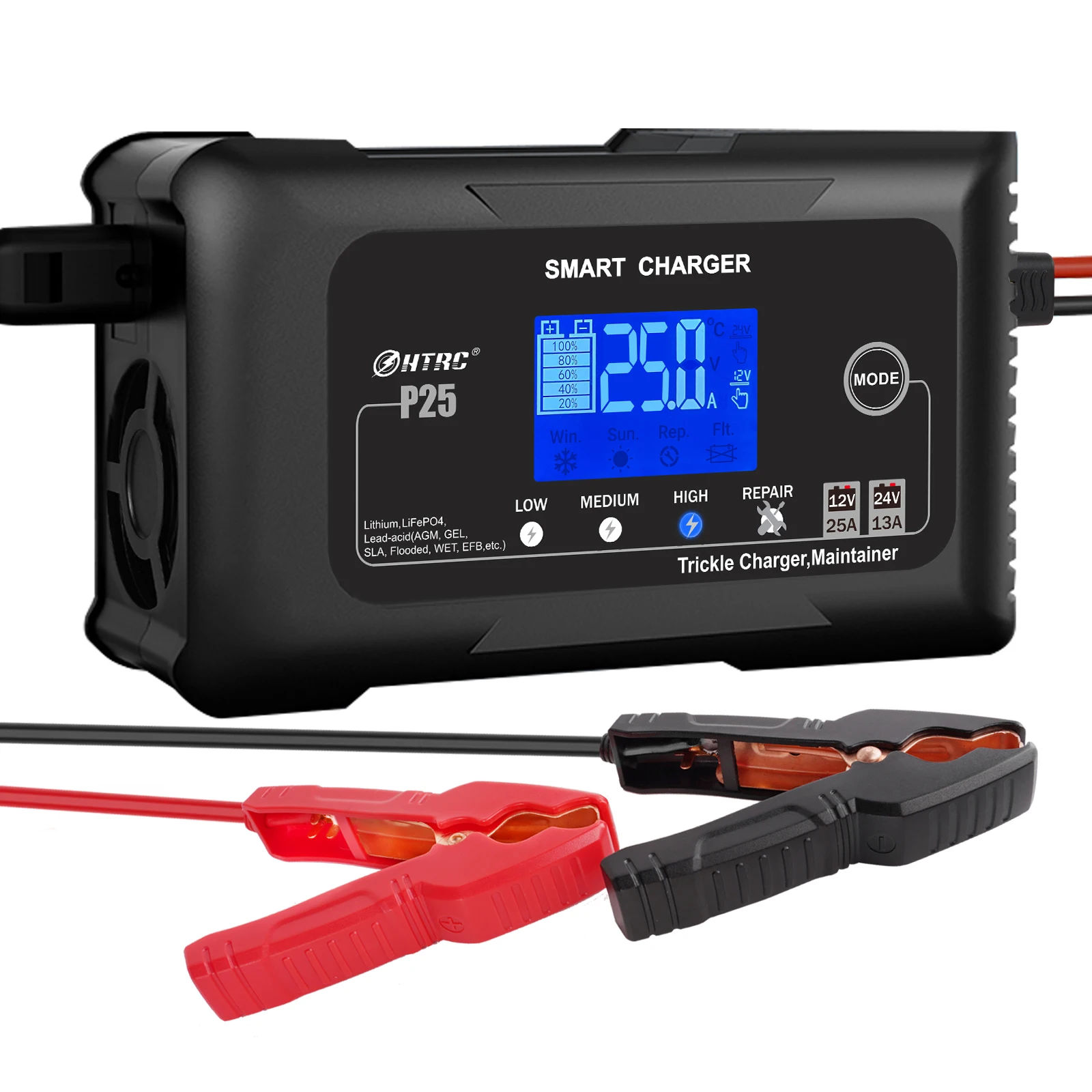 25A 12V-24V Full Automatic Car Battery Charger Power Puls Repair Chargers for Mo