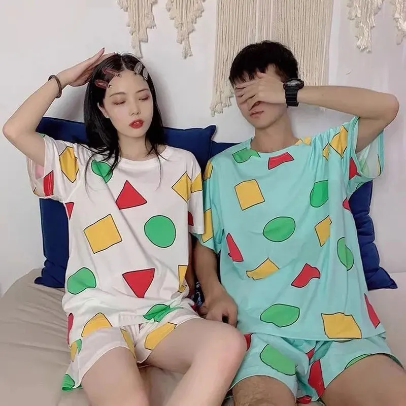 Pajama Sets Sin Chan Male Cotton Summer Short Sets Japanese Big size for Couples Man and Woman Sleepwear