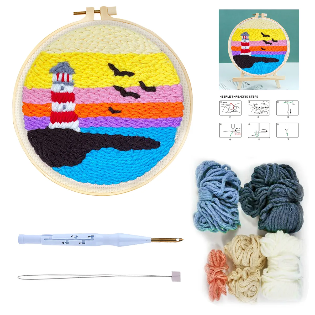 DIY Punch Needle Kit Mountain Scenery Pattern Embroidery Kit Lighthouse  Poking Cross Stitch Knitting For Beginner Home Deocor - AliExpress