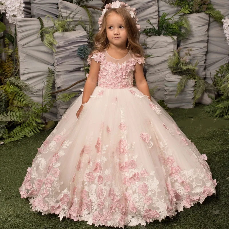 

Белое, розовое платье с цветочным принтом для девочек, тюлевые белые платья с аппликацией и розовыми цветами без рукавов для свадьбы, дня рождения, банкета, платья принцессы