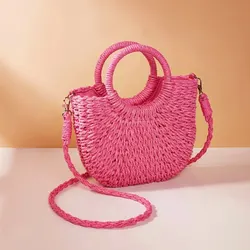 Handwoven Straw Rattan Half-Moon Beach Handbag - Large Capacity Summer Crossbody Shoulder Bag (Hot pink)