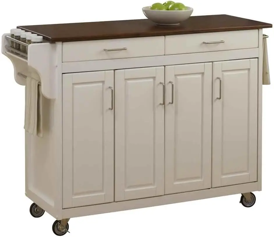 

Home Styles Mobile Create-a-Cart White Finish Four Door Cabinet Kitchen Cart with Cherry Wood Top, Adjustable Shelving