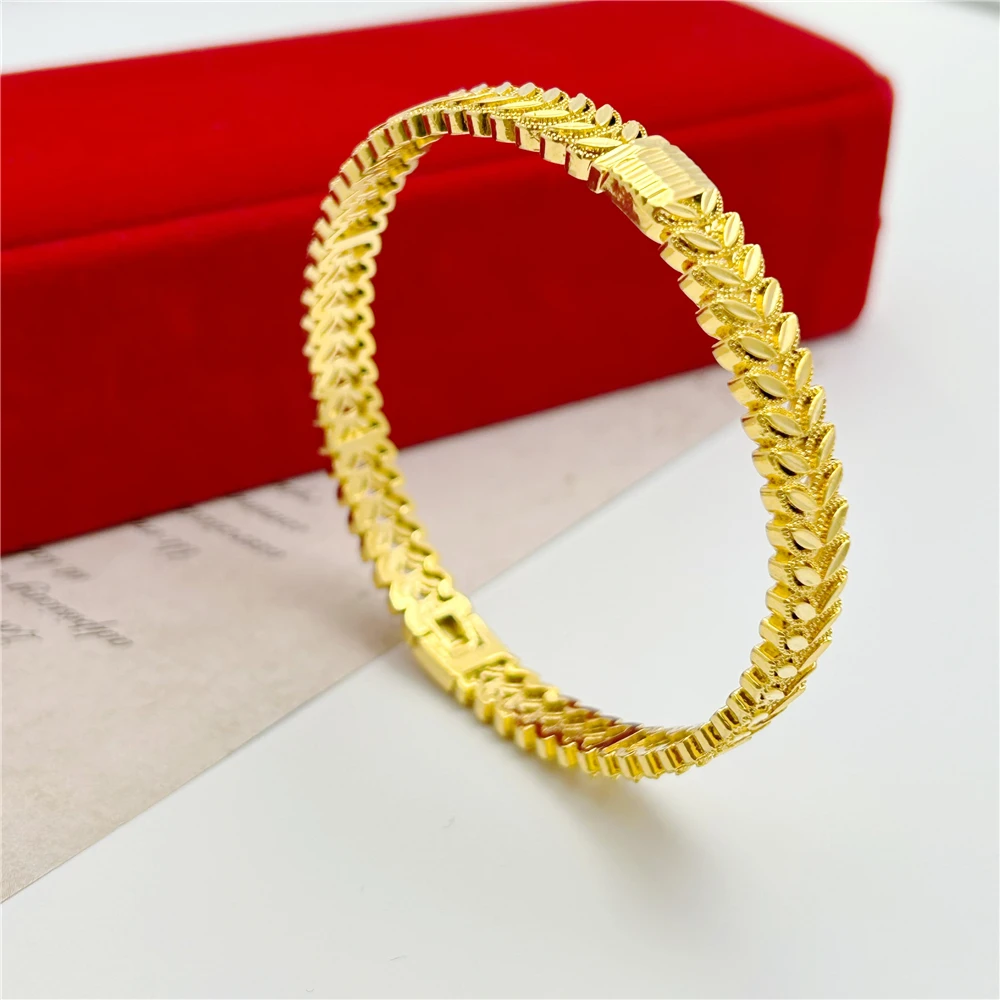 24k Yellow Gold Color Cuff Bangles For Women Round Circle Leaves Charm