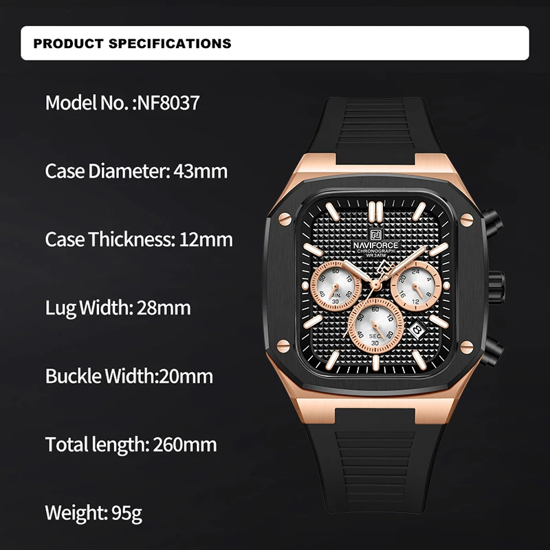 Naviforce New Chronograph Watches Men Square Dial Silicone Strap Waterproof Man Clock Quartz Calendar Luxury Male Wrist Watch, Alina Gadgets