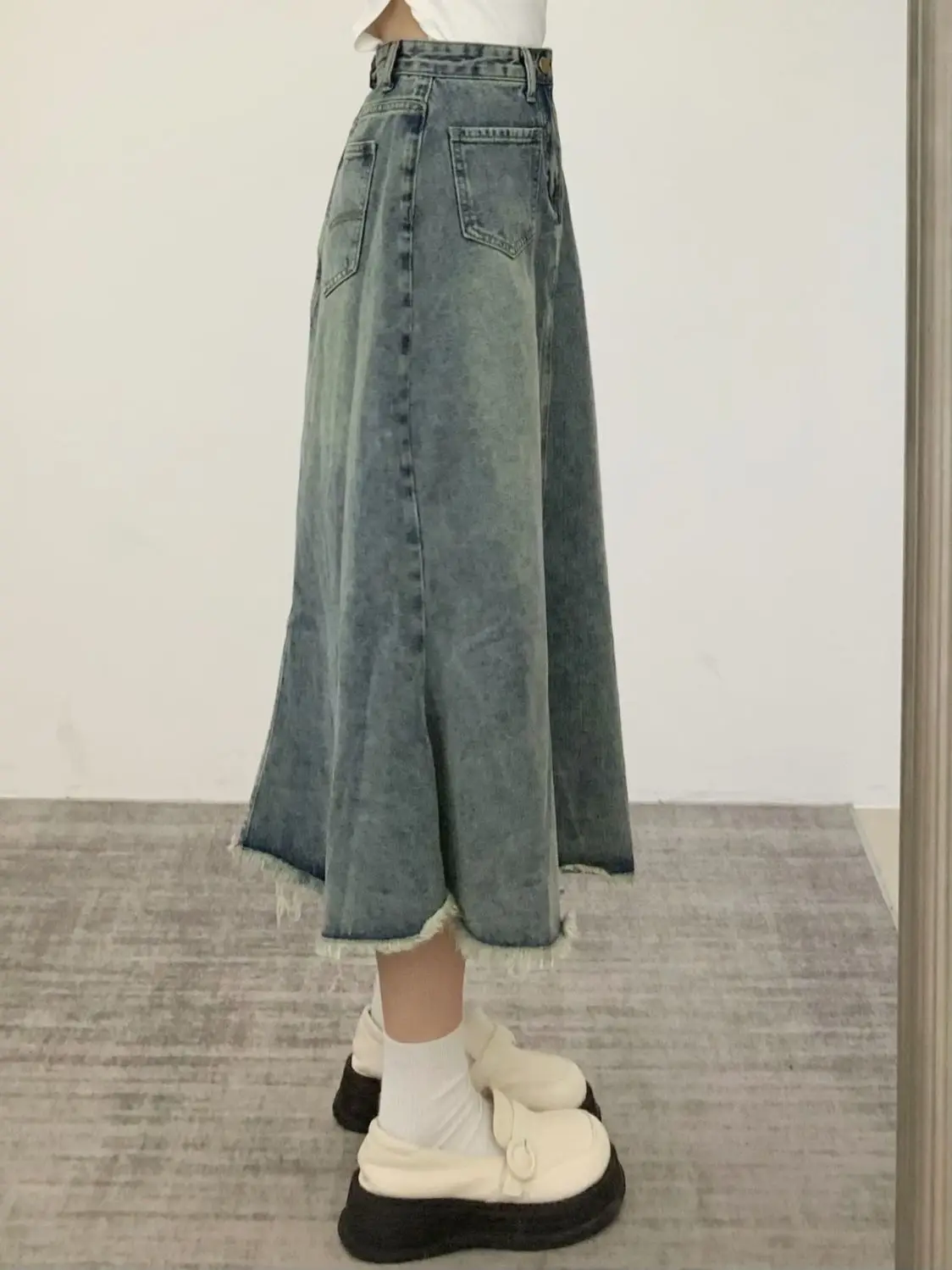 

Fashion Women'S Tassels Long Denim Skirts Korean Y2k Vintage Mermaid High Waist Solid Color Slim Fishtail Office Lady Jean Skirt