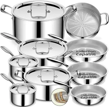 5-Ply Stainless Steel Cookware Set, 14-Piece Induction Compatible Pots & Pans, Oven Safe 1