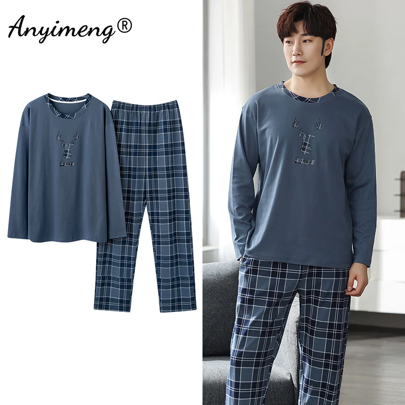 Deer Printing Elegant Pajamas Set for Man Autumn Winter Fashion New Soft Cotton Mens Loungewear Comfortable Sleepwear for Boy mens sleep wear