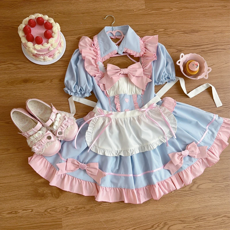 Anime Japanese Gothic Lolita Sweet Apron Bow Maid Dress Set Women Girls Puff Sleeve Cute Dress Halloween Party Cosplay Costumes