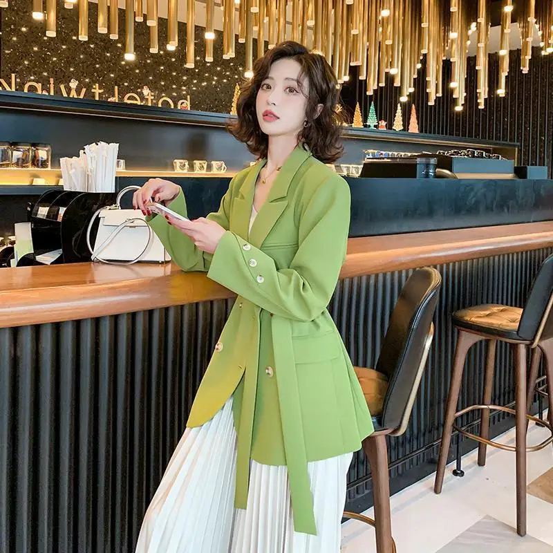 

Luxury Chic Long Sleeve Women Blazers Belt Black Suit Office Ladies Jacket Korean Style Coats Double-breasted Solid Blazer
