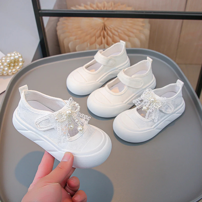 White Canvas Casual Shoes for Girls with Soft Sole