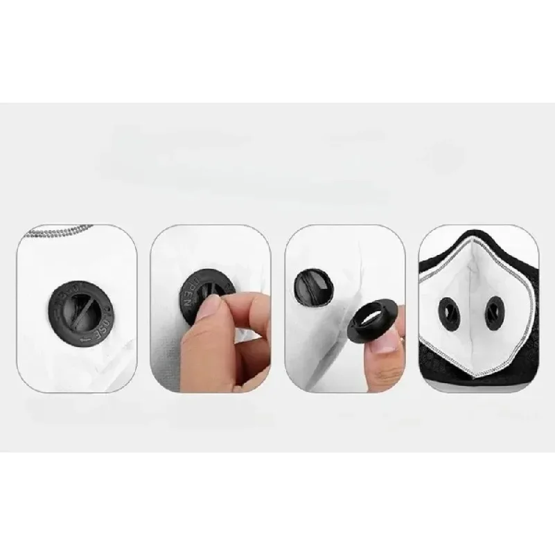 Masque anti-poussière chantier avec filtre charbon actif PM2.5 ouvert montrant les couches de filtration, lavable
