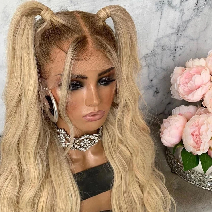 Ombre Honey Blonde Long Deep Wave Synthetic Hair Lace Frontal Wig Brown Roots Fiber Hair Transparent Lace Wigs