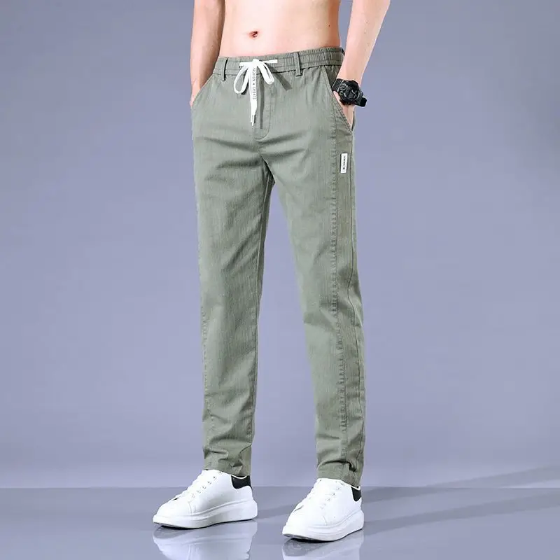 2024 Summer New Men's Patchwork Elastic Waist Drawstring Fashion Solid Color Pocket Slim Fit All Match Business Casual Pants