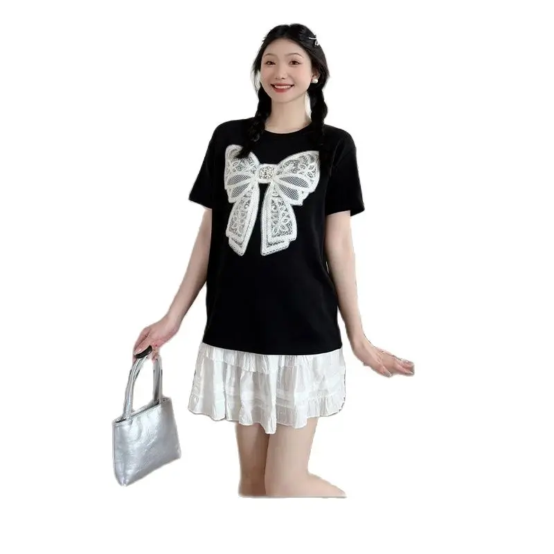 Summer Maternity Clothes Set Short Sleeve Black T-shirt with Large Bowknot Lace Belly Skirts Twinset Pregnant Woman Skirt Suits