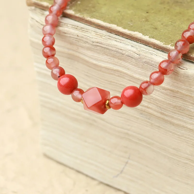 Chinese Style Fashionable and Fresh Sweet 4mm South Red Agate Ruyi Small Gourd Octagonal Bead Enamel Phone Chain Wrist Rope