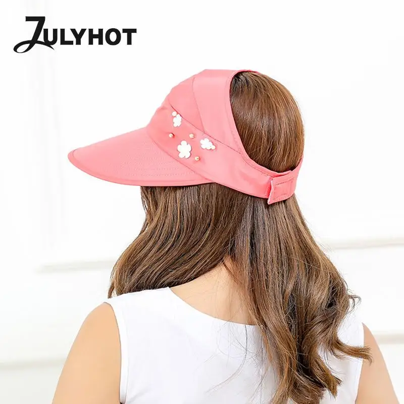 Summer Hats For Women Foldable Sun Hat Pearl Flower Polyester Visor Suncreen Floppy Cap Female Outdoor Casual Baseball Cap