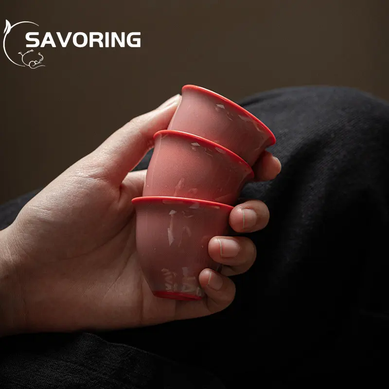 2pc/Set 30ml Red Tea Cup Solid Color Celadon Red Personal Small Cup Tire Pink Ladies Kung Fu Teacup Tea Set Accessories