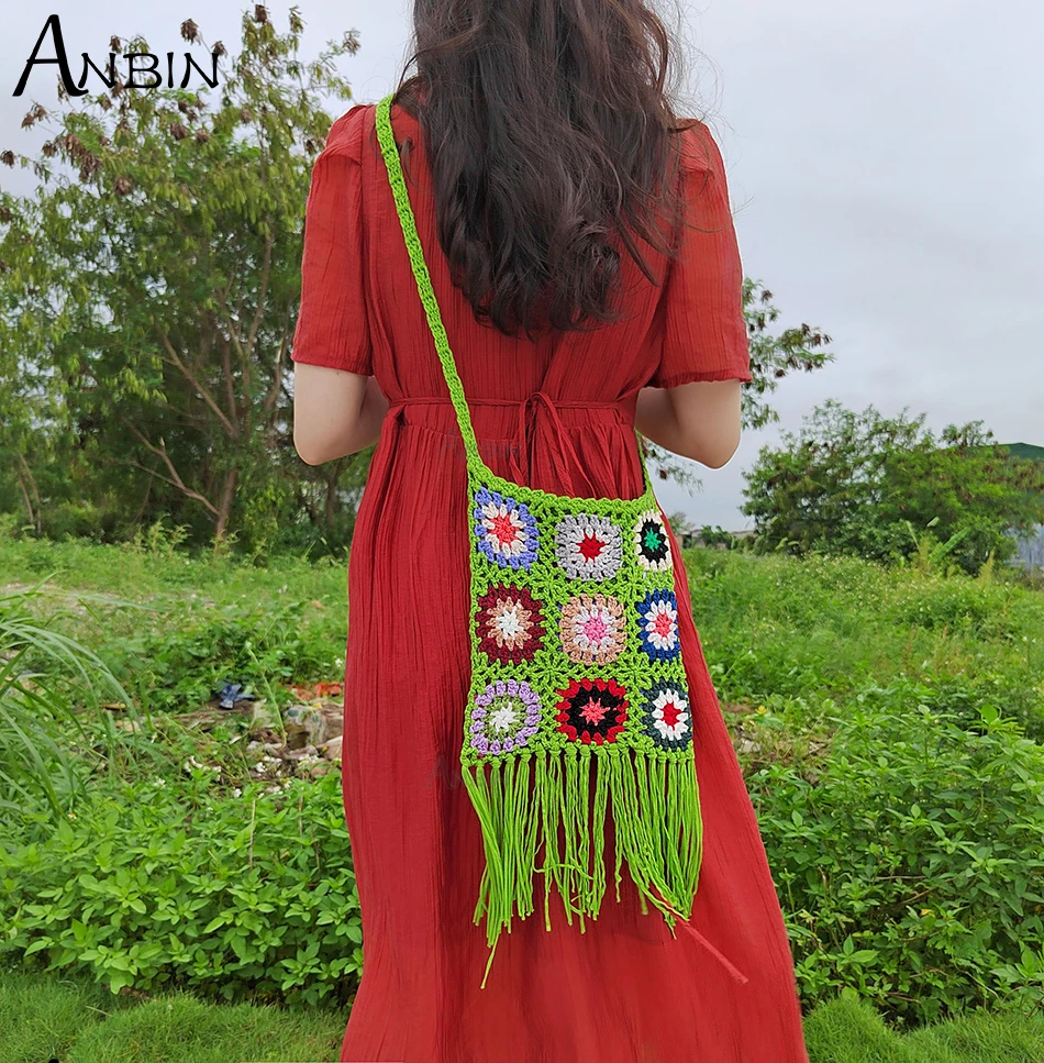 

Tassel Flower Print Designer Handmade Crochet Crossbody Bag Knitting Hollow Female Shoulder Beach Bags Casual Handbag for Women