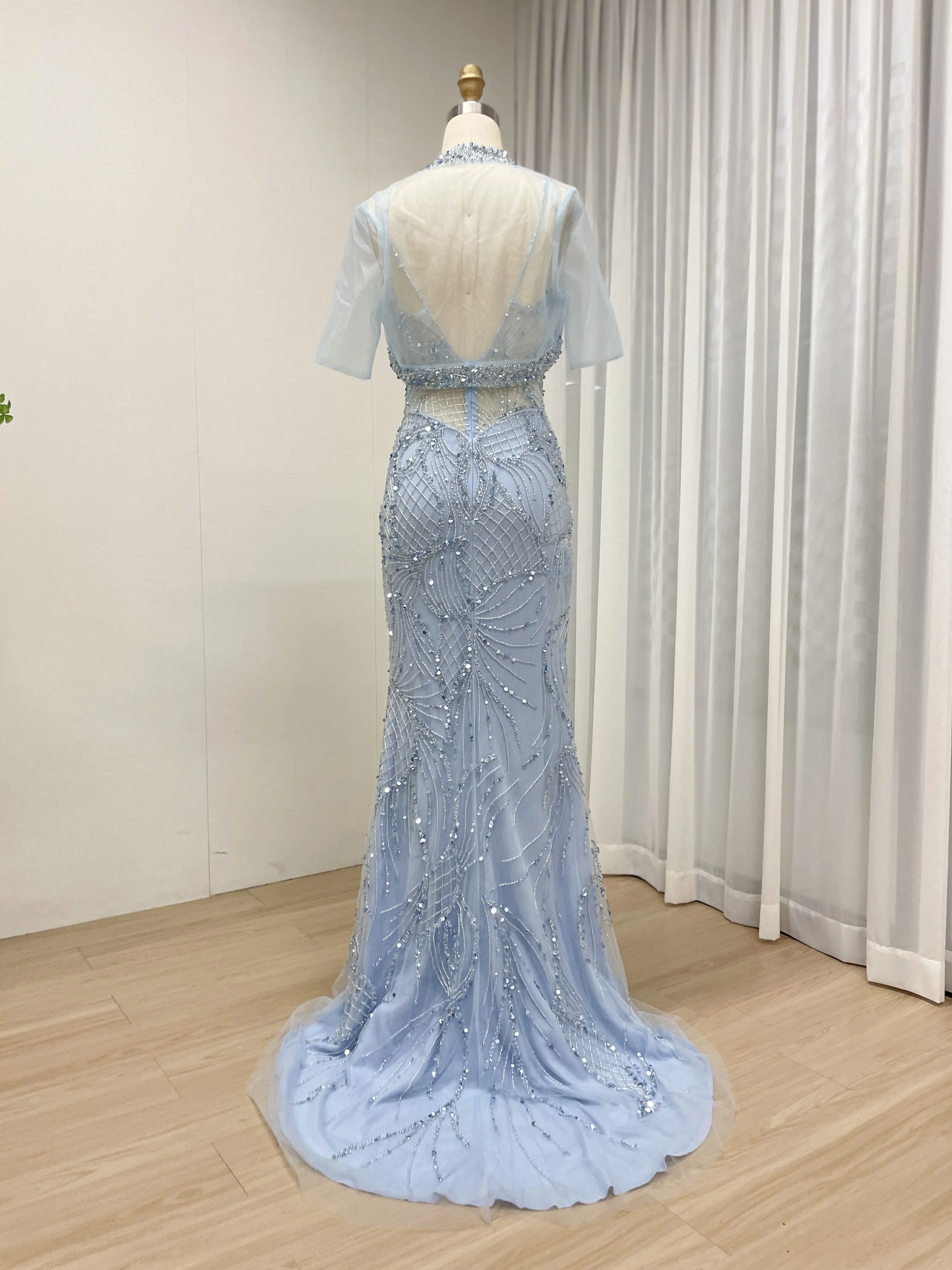 MYMB Elegantes Karamell-Spaghetti-Träger-Perlen-transparentes Mesh-Abendkleid mit Schulterwickel für Damen, Hochzeitskleid, neu MB40387 – Detail 9