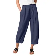 

Women Cropped Pants Simple Solid Color Elastic Waist Loose Breathable Trousers Spring Straight Ninth Pants for Daily Wear