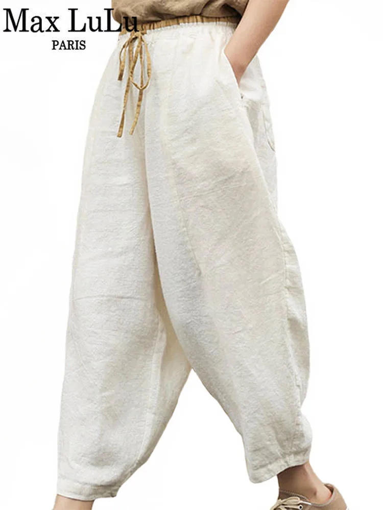 Max LuLu 2022 Japan Style Summer Ladies Linen Loose Vintage Trousers Women Drawstring White Harem Pants Girl Oversized Pantalons