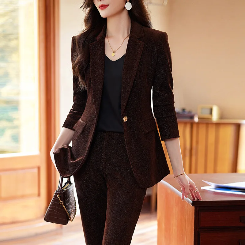 Tesco Velvet Women Pantsuit 2PCS Single Breasted Blazer Flare Pant Suit Set For Formal Female Chic Business ropa de mujer