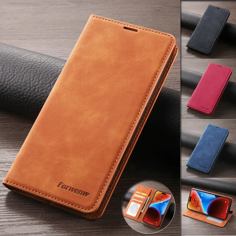 Vintage Leather Wallet Flip Case with Magnetic Hasp and Card Slots