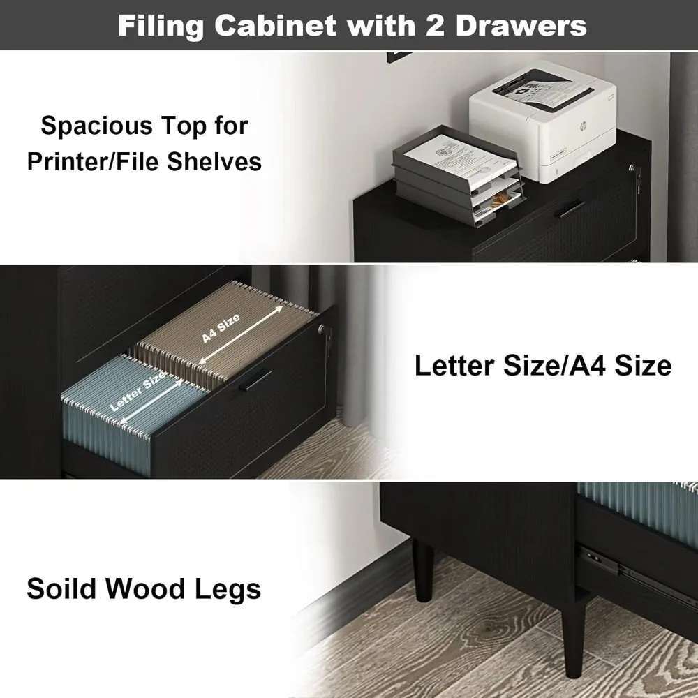 2 drawer file cabinet, lateral file cabinet with lock, rattan wood filing organization cabinet for home office, black