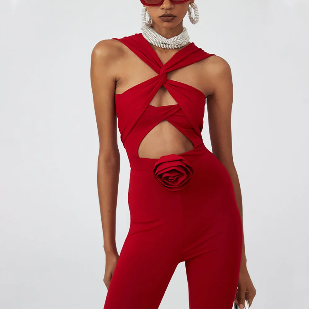 2023 Women's 3D Flower One Piece Swimsuit Flower Hollow Solid Color Sexy One-piece Swimwear and Trousers Set Beachwear