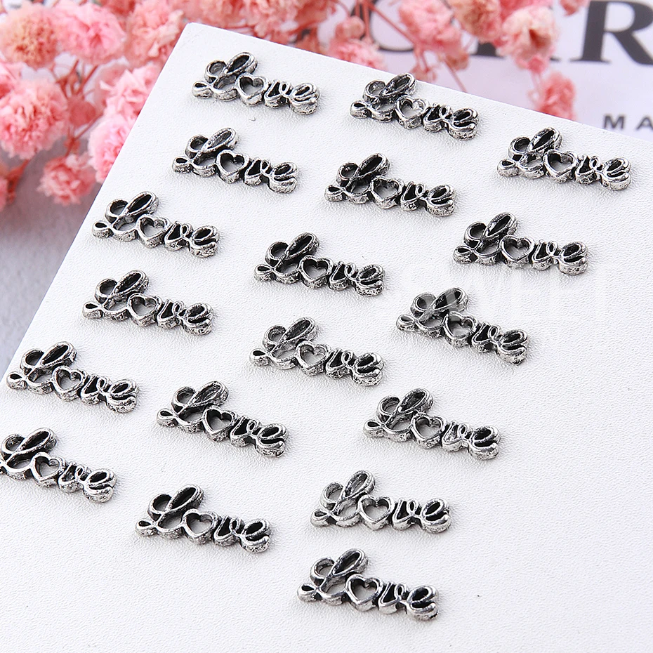20pcs 은색 합금 사랑 편지 네일 장식 3D 금속 사랑 편지 네일 매력 장식 Y2K 매니큐어 네일 부품 액세서리
