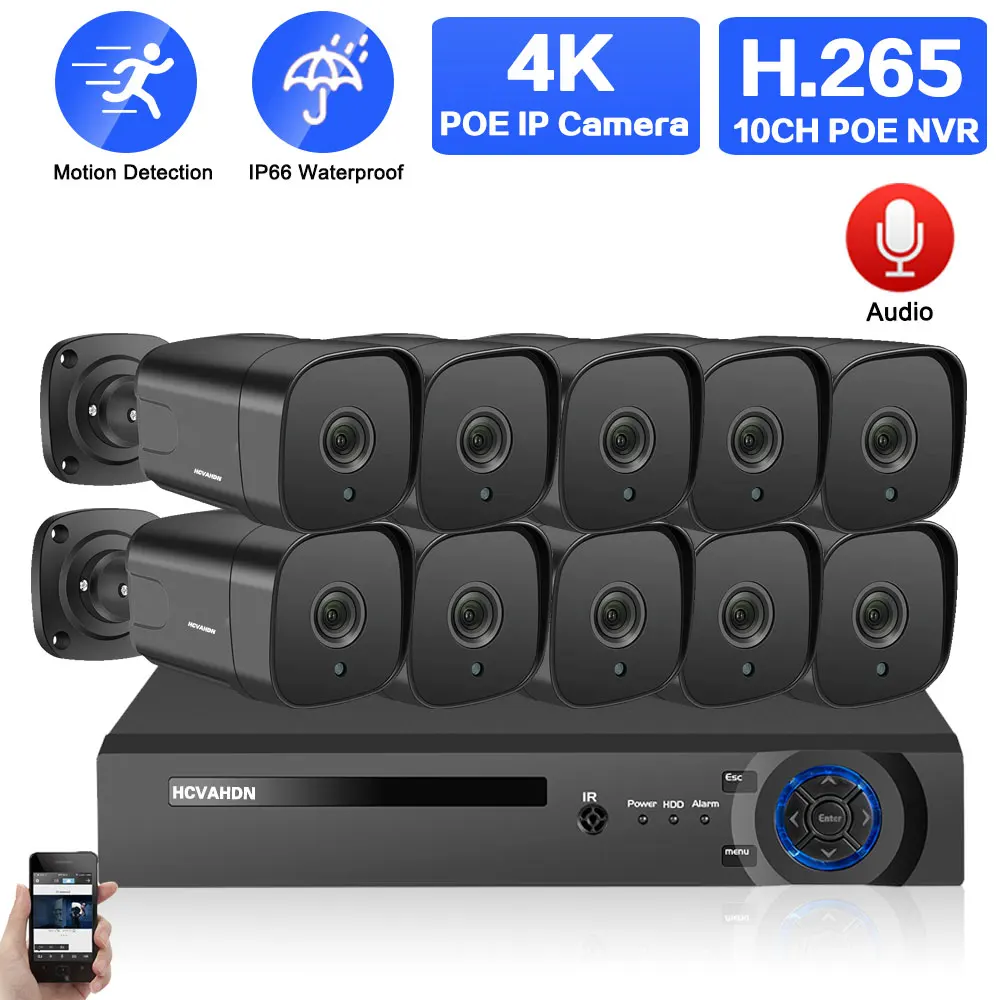 

8CH HD 4K POE NVR Kit H.265 CCTV Security System Waterproof Outdoor Audio Record IP Camera Video Surveillance System Set 10CH