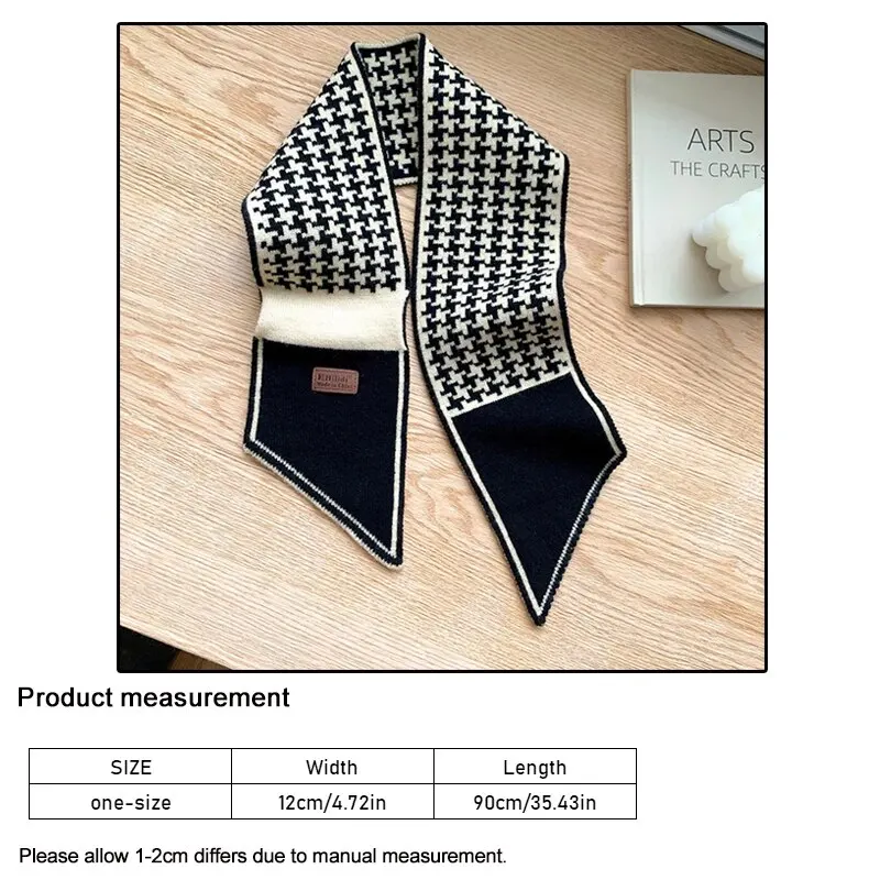 Women Neck Scarf Warm Cashmere Neck Tie Scarf For Women Plaid Neckerchief Knitted Long Skinny Small Scarves Bandana Female