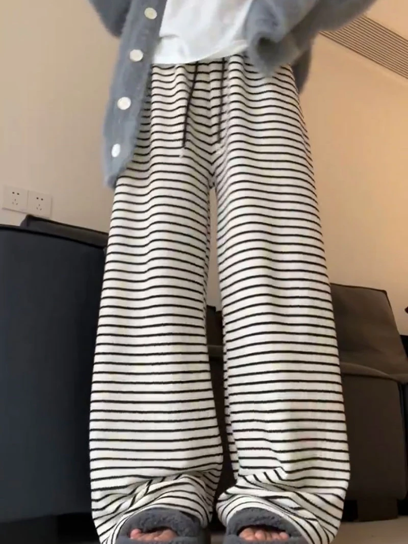 Retro High Waist Striped Straight Leg Rice Noodle Pants Women's Autumn Winter Loose Concealing Slimming Drapey Wide Leg Casua...