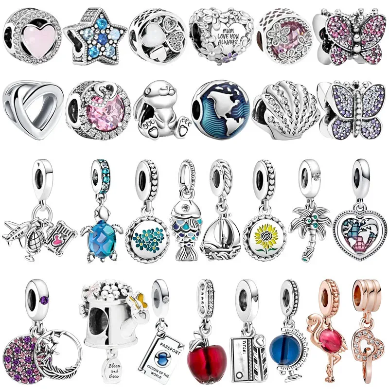 

New 925 Sterling Silver Scaled Shell Palm Tree Pink Murano Glass Flamingo Charm Bead Fit Original Pandora Bracelets DIY Jewelry