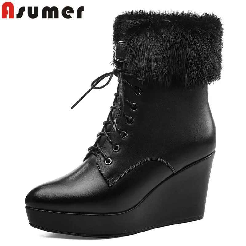 

ASUMER 2024 New Genuine Leather Lace Up Ankle Boots Wedges High Heels Winter Boots Office Ladies Pointed Toe Modern Boots