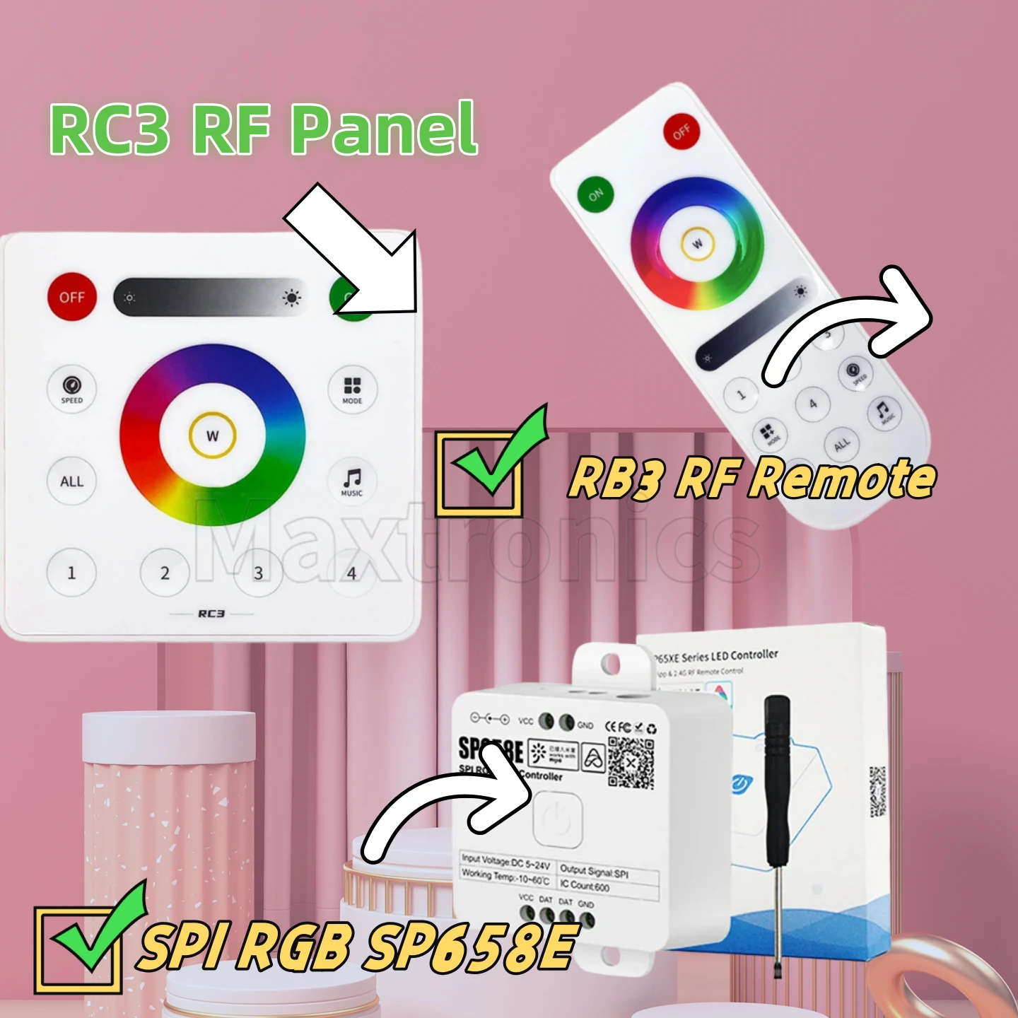 รีโมทคอนโทรล RF DC5V 12V 24V 600 พิกเซล SP658E คอนโทรลเลอร์ LED RGB SPI อัจฉริยะ ควบคุมแถบไฟแบบแอดเดรสได้ พร้อมสัญญาณบลูทูธ แอปพลิเคชันหรี่ไฟได้ 1