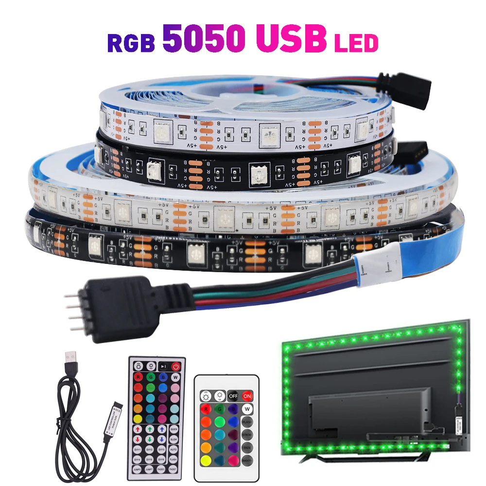 

USB Led Strip Lights 5V 60Leds/m RGB 5050 LED Strip Flexible Ribbon Diode Tape TV Backlight Lamp Room Decor 0.5M 1M 2M 3M 4M 5M