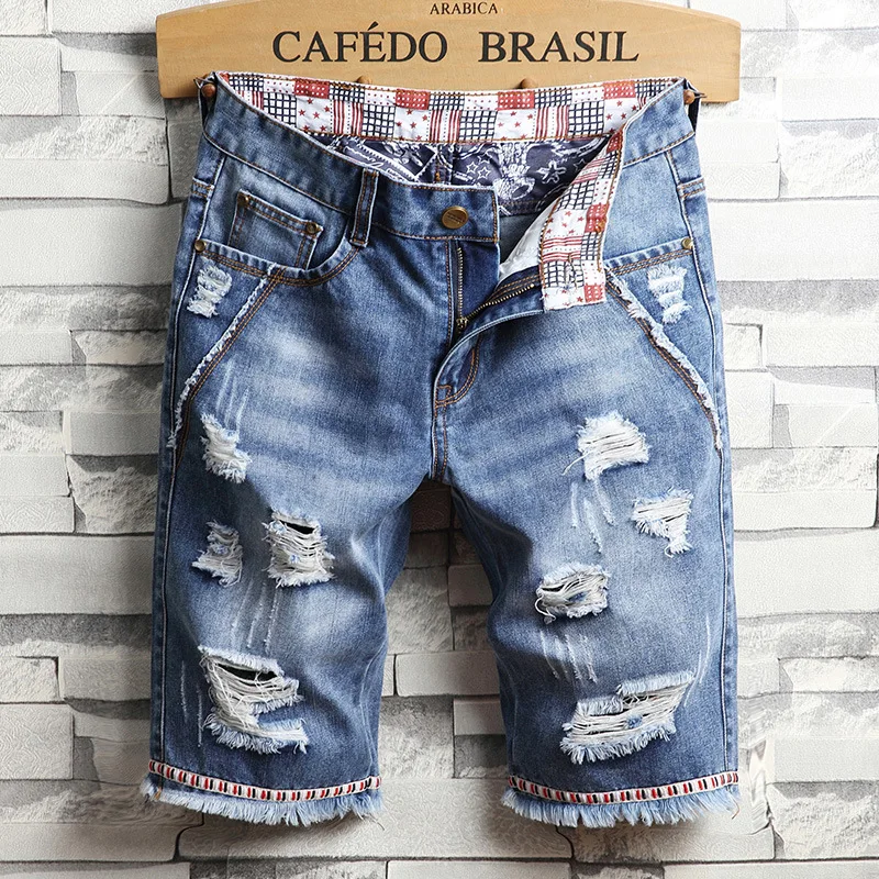 Perforated Metal Pendant Denim Shorts Men Scratched Patch Plaid Pants Cotton Red Ears Breathable Soft Elastic Fashion Summer2024